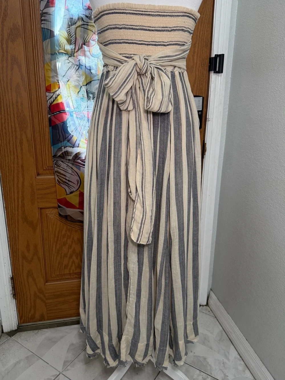 Free People Striped Strapless Maxi Dress Tie Waist Boho Coastal Size M